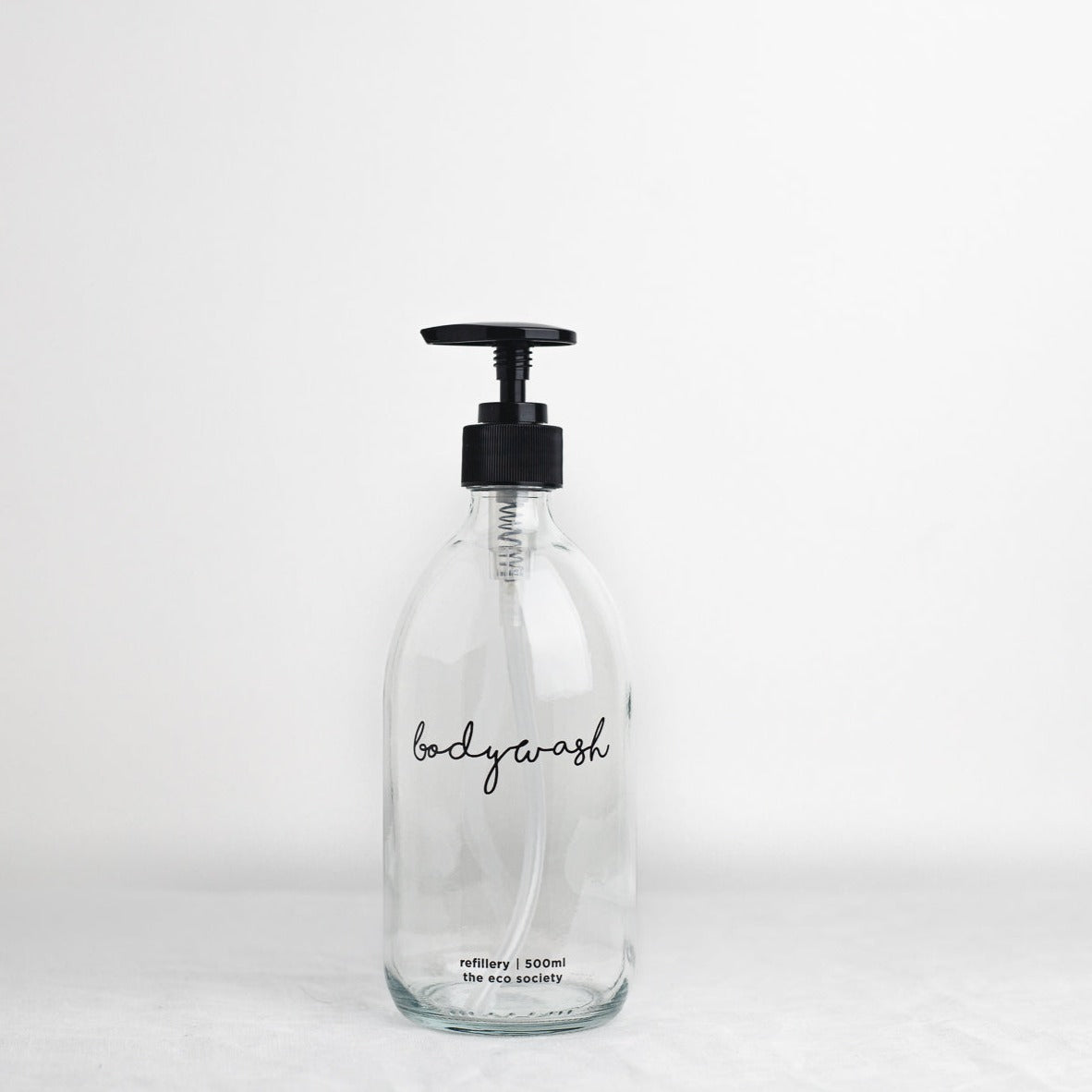 Clear Glass Bottle with Black printed text "Bodywash" 500ml Refillery Bottle