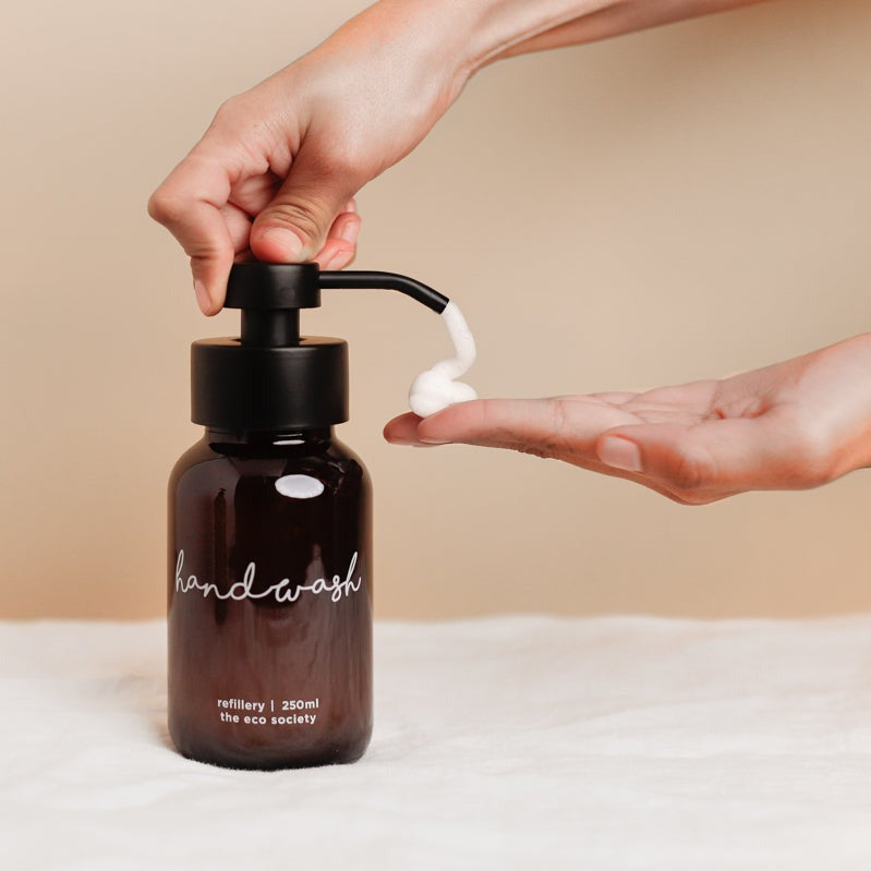 Printed Handwash Amber Glass Bottle with Black Foam Pump by The Eco Society 