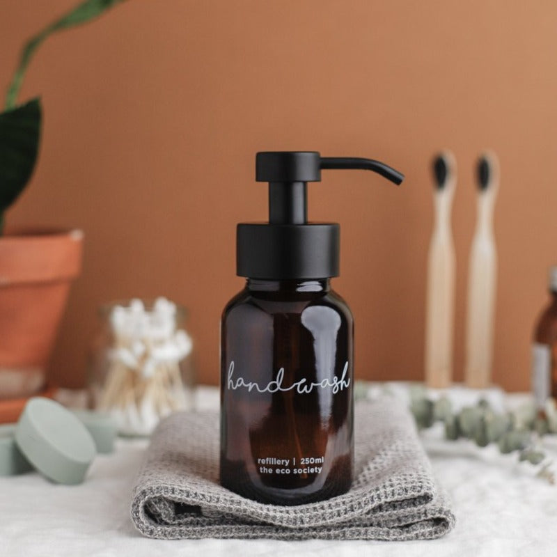 Printed Handwash Amber Glass Bottle with Black Foam Pump by The Eco Society 