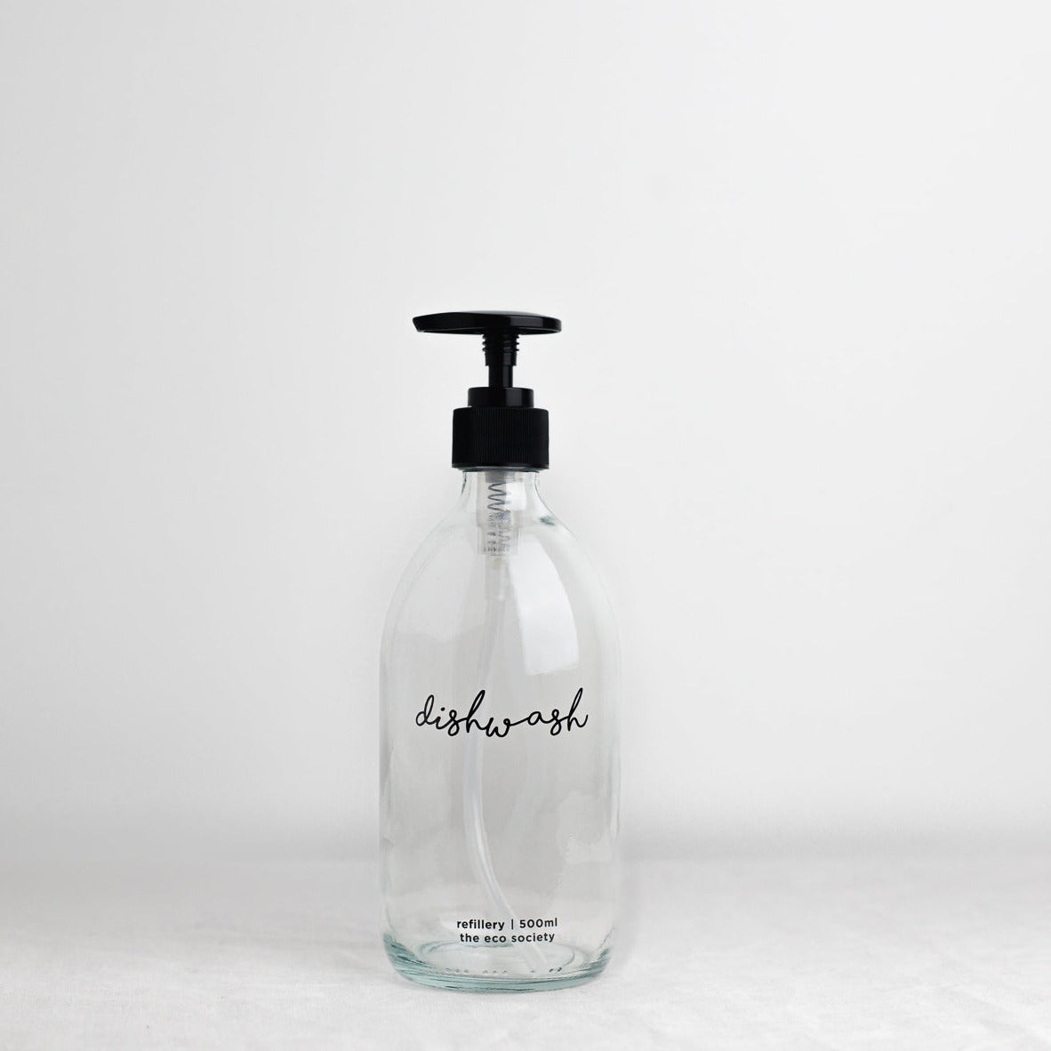 Clear Glass Bottle with Black printed text "Dishwash" 500ml Refillery Bottle