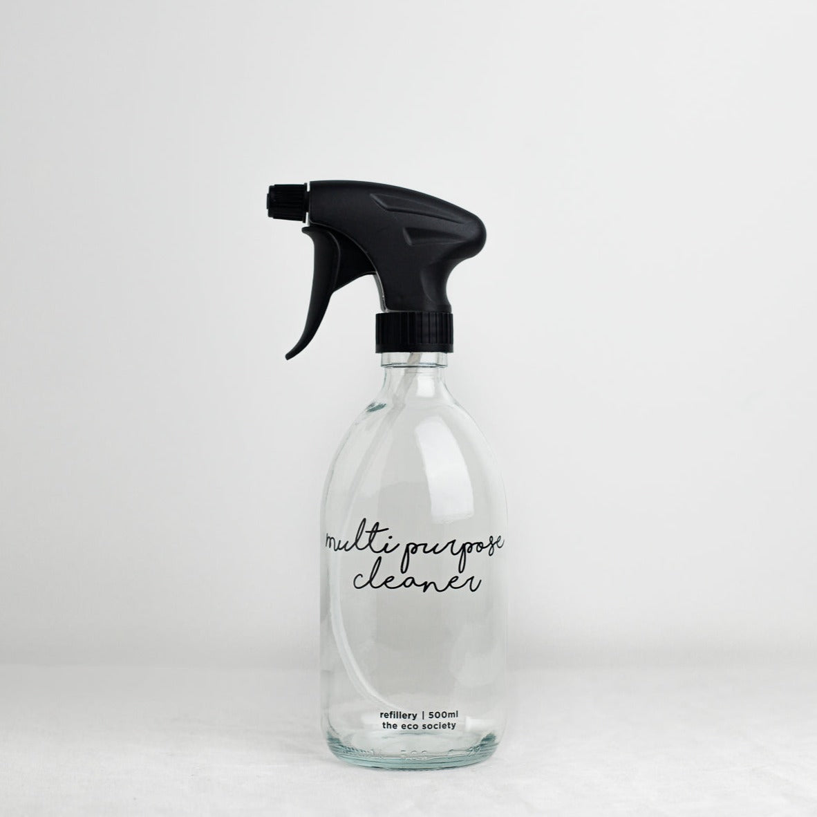 Clear Glass Bottle with Black printed text "Multipurpose Cleaner" 500ml Refillery Bottle