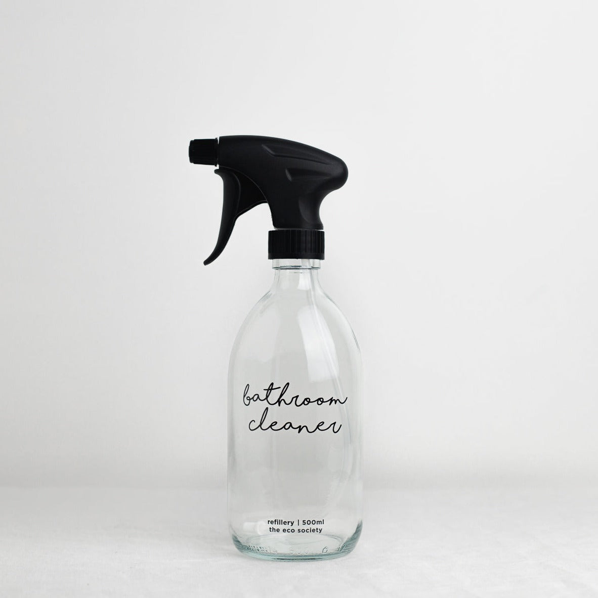 Clear Glass Bottle with Black printed text "Bathroom Cleaner" 500ml Refillery Bottle