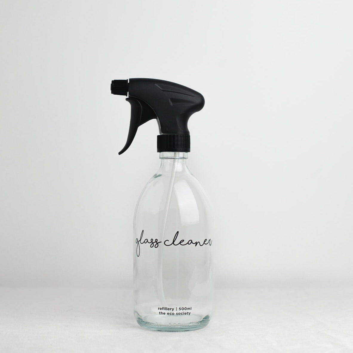 Clear Glass Bottle with Black printed text "Glass Cleaner" 500ml Refillery Bottle