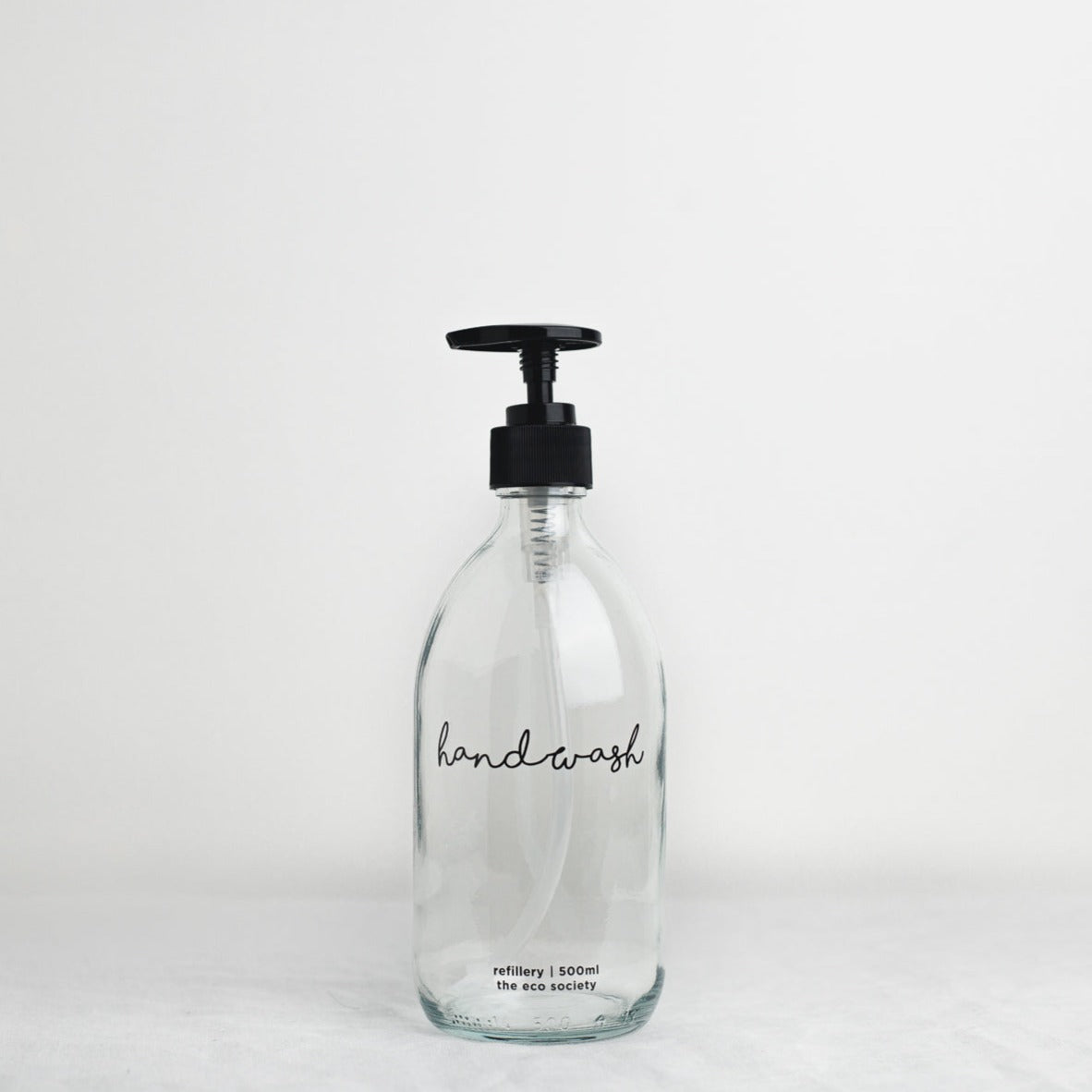 Clear Glass Bottle with Black printed text "Handwash" 500ml Refillery Bottle 