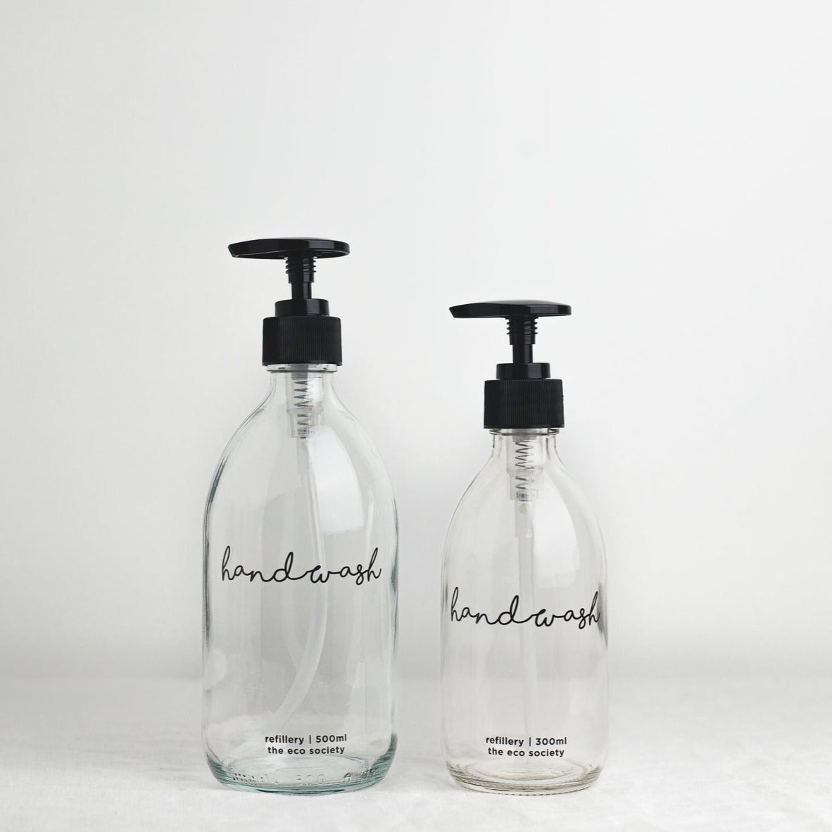 Clear Glass Bottle with Black printed text "Handwash" 300ml and 500ml Refillery Bottle 