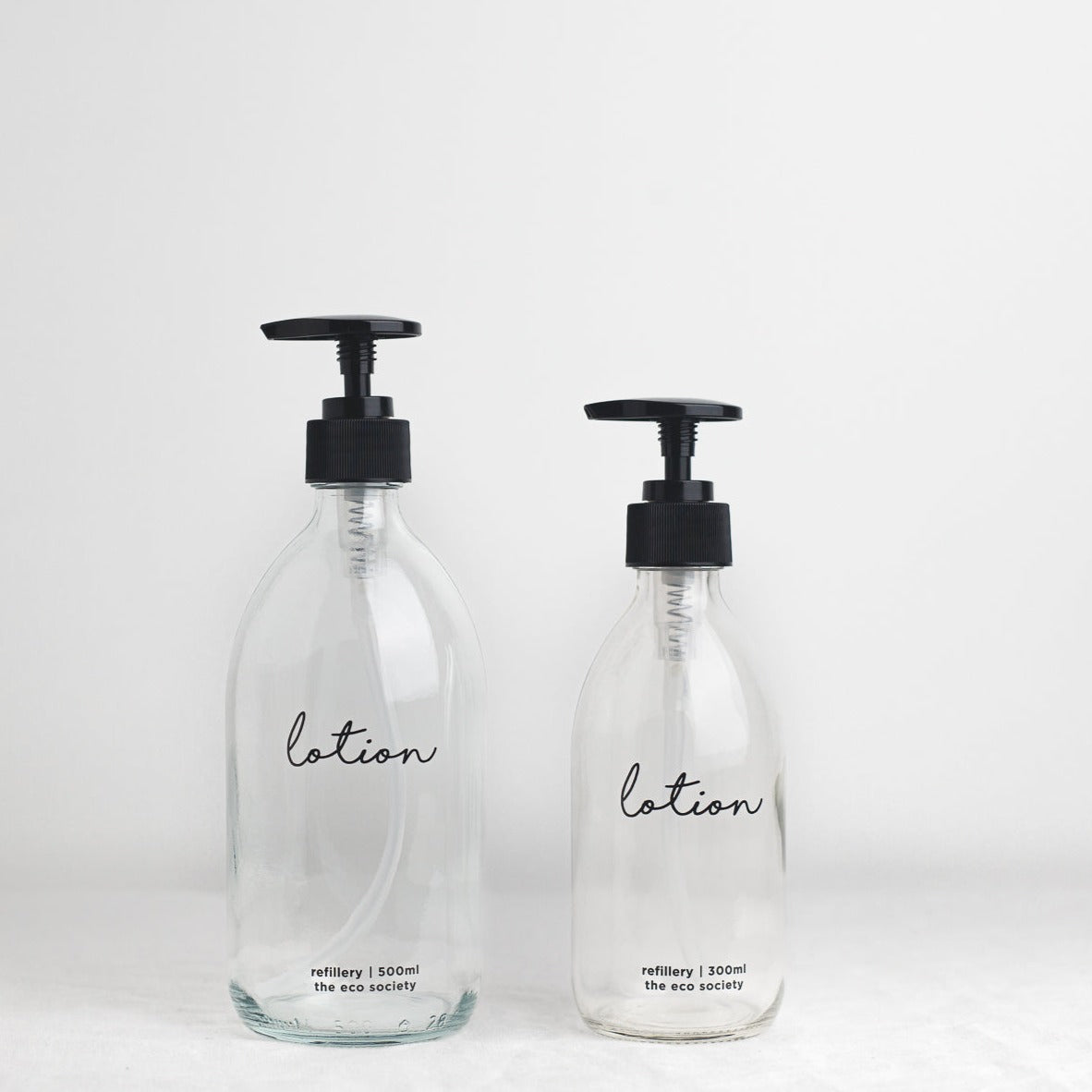 Clear Glass Bottle with Black printed text "Lotion" 300ml and 500ml Refillery Bottle