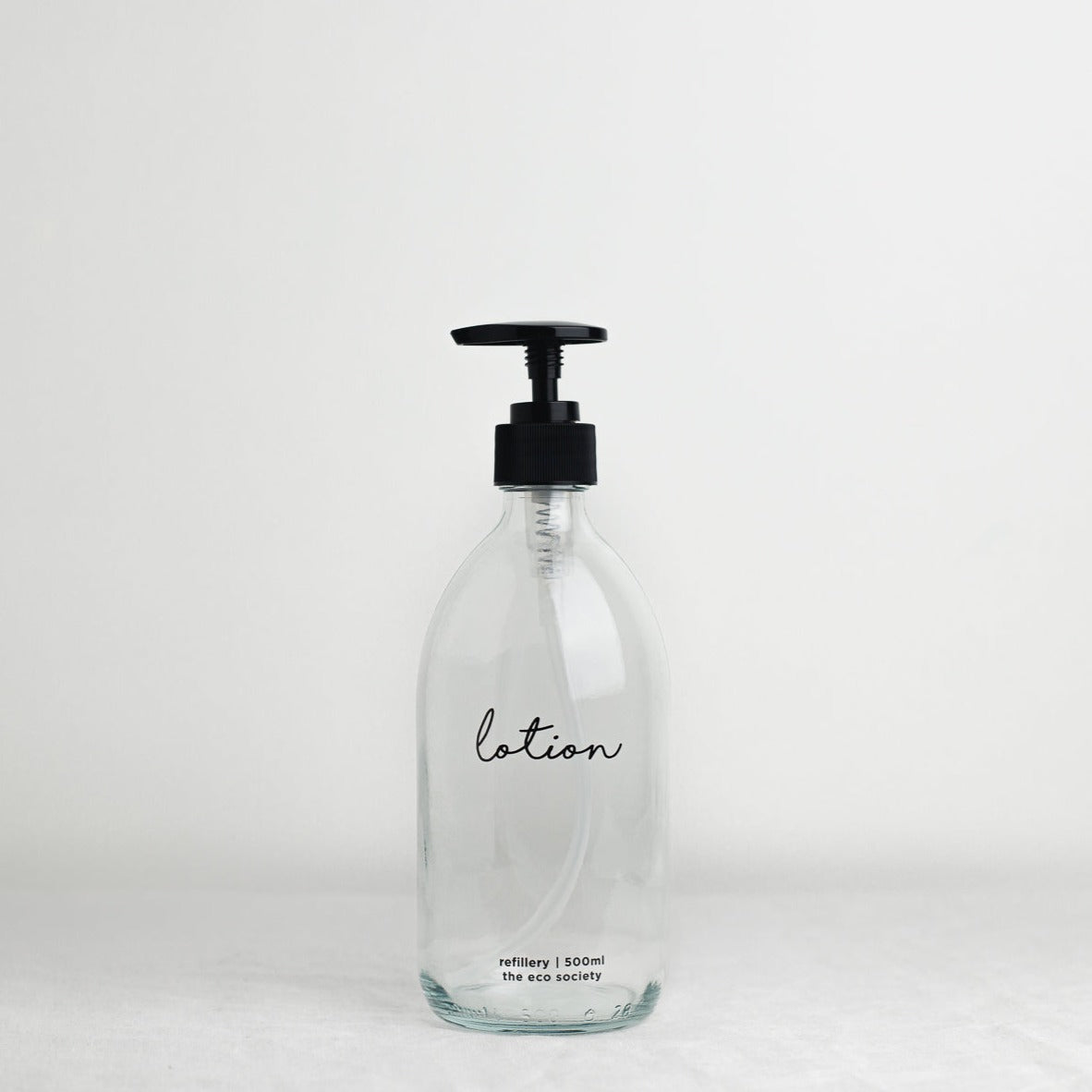 Clear Glass Bottle with Black printed text "Lotion" 500ml Refillery Bottle