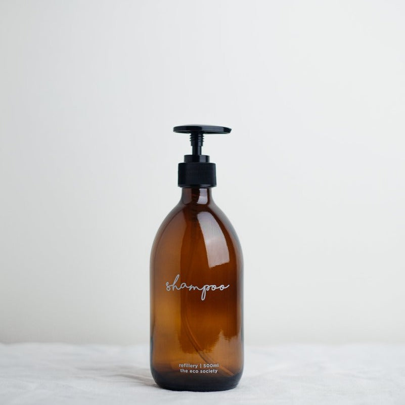 500ml amber glass bottle printed with white shampoo text