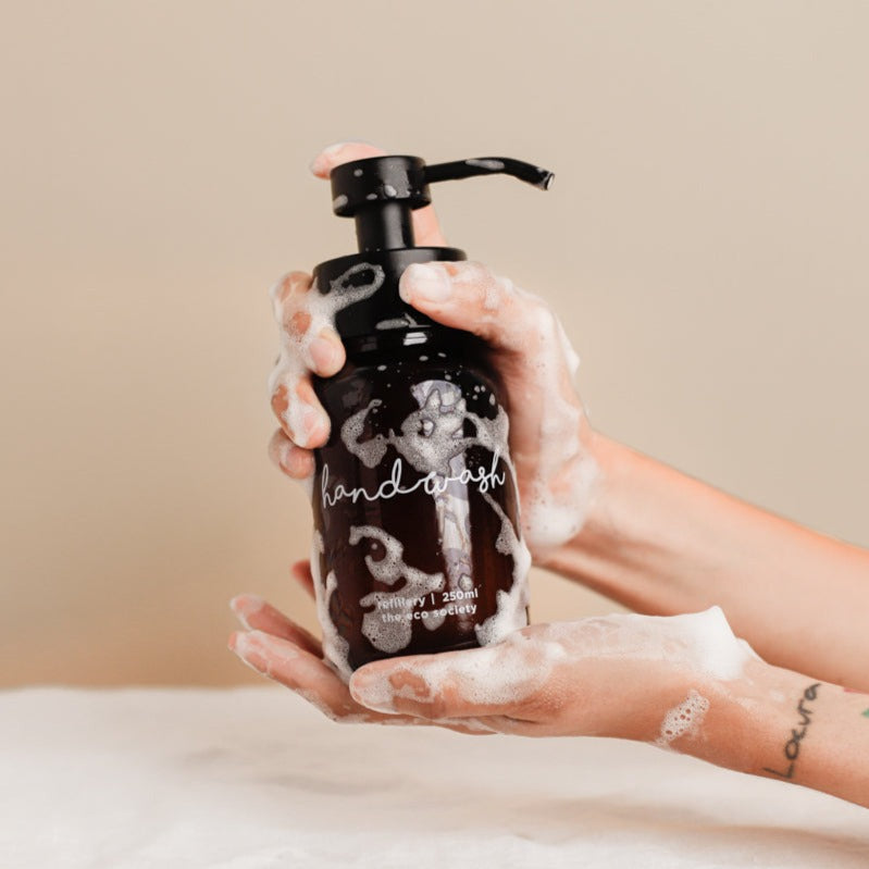 Printed Handwash Amber Glass Bottle with Black Foam Pump by The Eco Society 